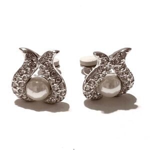 Vintage Faux Pearl Silver-Tone Pavé Rhinestone Clip-On Earrings